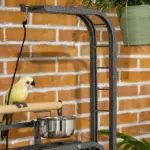 PawHut Large Parrot Stand Bird Perch with Toy Hook 3 Ladders Wooden Gray - Image 9