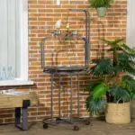 PawHut Large Parrot Stand Bird Perch with Toy Hook 3 Ladders Wooden Gray - Image 10