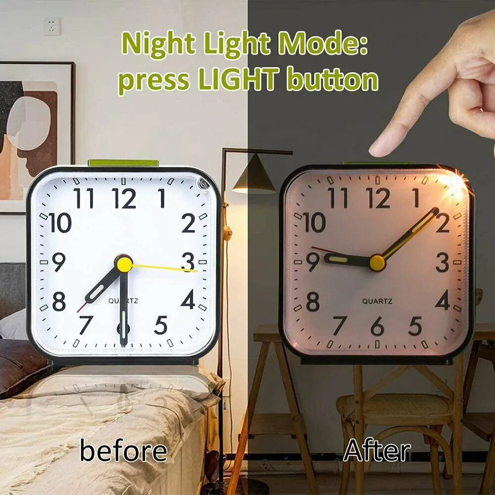 Silent Analog Alarm Clock with Night Light and Snooze Battery Powered