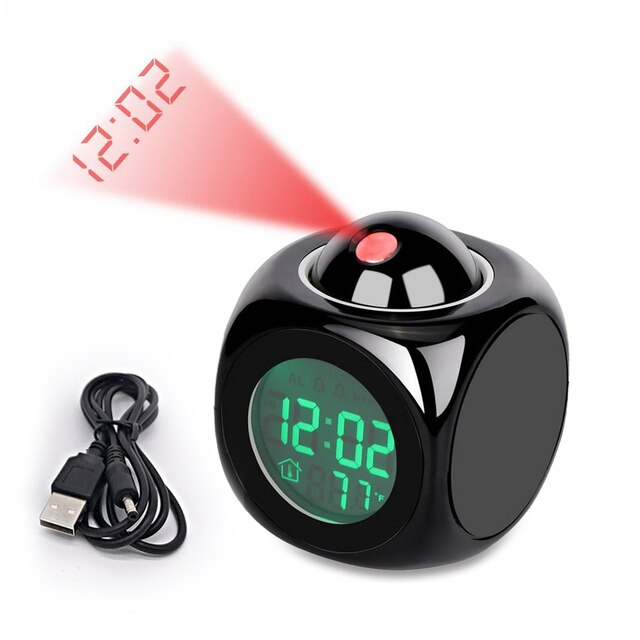 LED Projection Alarm Clock with LCD Display Voice Time Weather and Snooze