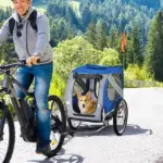 Dog Bike Trailer with 3 Entrances, Off Road Wheels and Mesh Screen, Light Blue and Gray - Image 2