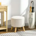 Round Upholstered Storage Ottoman with Wood Legs and Padded Seat, Cream White - Image 2