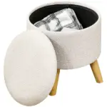 Round Upholstered Storage Ottoman with Wood Legs and Padded Seat, Cream White - Image 11