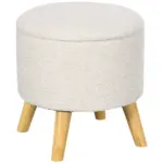 Round Upholstered Storage Ottoman with Wood Legs and Padded Seat, Cream White