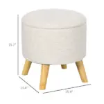 Round Upholstered Storage Ottoman with Wood Legs and Padded Seat, Cream White - Image 3