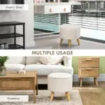 Round Upholstered Storage Ottoman with Wood Legs and Padded Seat, Cream White - Image 6