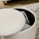 Round Upholstered Storage Ottoman with Wood Legs and Padded Seat, Cream White - Image 8