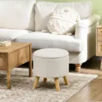 Round Upholstered Storage Ottoman with Wood Legs and Padded Seat, Cream White - Image 10