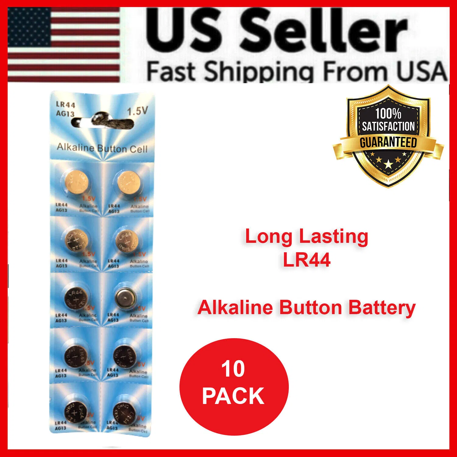 10 Pack LR44 AG13 A76 1.5V Alkaline Button Cell Batteries