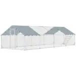 Metal Chicken Coop, 26' x 10' x 6.4' Large Chicken Run with Feeding Door, Waterproof Cover, Hanging Feeder, Perch