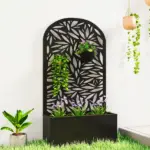 Outsunny 24 Inch Metal Garden Bed with Curved Leaf Trellis 7.7 Gallon Black - Image 2