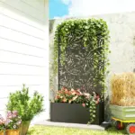 Outsunny Metal Planter Box with Trellis, 71 Inch Tall Raised Garden Bed with Privacy Screen and Drainage Holes, Banana-Leaf Cut-Outs - Image 2