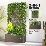 Outsunny Metal Planter Box with Trellis, 71 Inch Tall Raised Garden Bed with Privacy Screen and Drainage Holes, Banana-Leaf Cut-Outs - Image 4