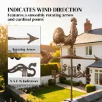 Metal Rooster Weathervane, Roof Mount Wind Direction Indicator, Outdoor Weather Vanes - Image 4