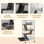 PawHut Metal Small Animal Cage Rolling Big Ferret Cage, Chinchilla Cage, Sugar Glider Cage, with Hammock and 4 Tiers, Removable Tray, White - Image 6