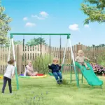 Metal Swing Set with Slide, Saucer Swing Seat, Heavy Duty A-Frame Stand and Adjustable Rope for Backyard, Dark Green - Image 2