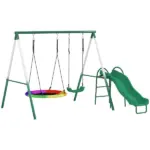 Metal Swing Set with Slide, Saucer Swing Seat, Heavy Duty A-Frame Stand and Adjustable Rope for Backyard, Dark Green - Image 12