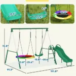 Metal Swing Set with Slide, Saucer Swing Seat, Heavy Duty A-Frame Stand and Adjustable Rope for Backyard, Dark Green - Image 3