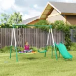 Metal Swing Set with Slide, Saucer Swing Seat, Heavy Duty A-Frame Stand and Adjustable Rope for Backyard, Dark Green - Image 9