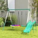 Metal Swing Set with Slide, Saucer Swing Seat, Heavy Duty A-Frame Stand and Adjustable Rope for Backyard, Dark Green - Image 10
