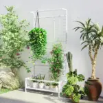 Outsunny Metal Tall Plant Stand with Trellis and Hanging Bar, Plant Holder for Indoor Outdoor Use, 36 Inch x 12.8 Inch x 74 Inch, White - Image 2