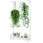 Outsunny Metal Tall Plant Stand with Trellis and Hanging Bar, Plant Holder for Indoor Outdoor Use, 36 Inch x 12.8 Inch x 74 Inch, White