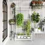 Outsunny Metal Tall Plant Stand with Trellis and Hanging Bar, Plant Holder for Indoor Outdoor Use, 36 Inch x 12.8 Inch x 74 Inch, White - Image 6