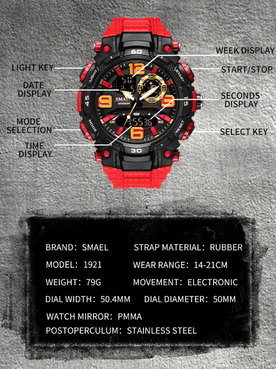 Mens 5ATM Dual Display Sports Watch with Stopwatch and Alarm