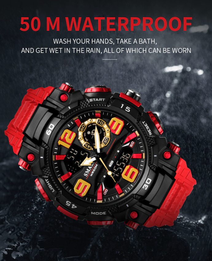 Mens 5ATM Dual Display Sports Watch with Stopwatch and Alarm