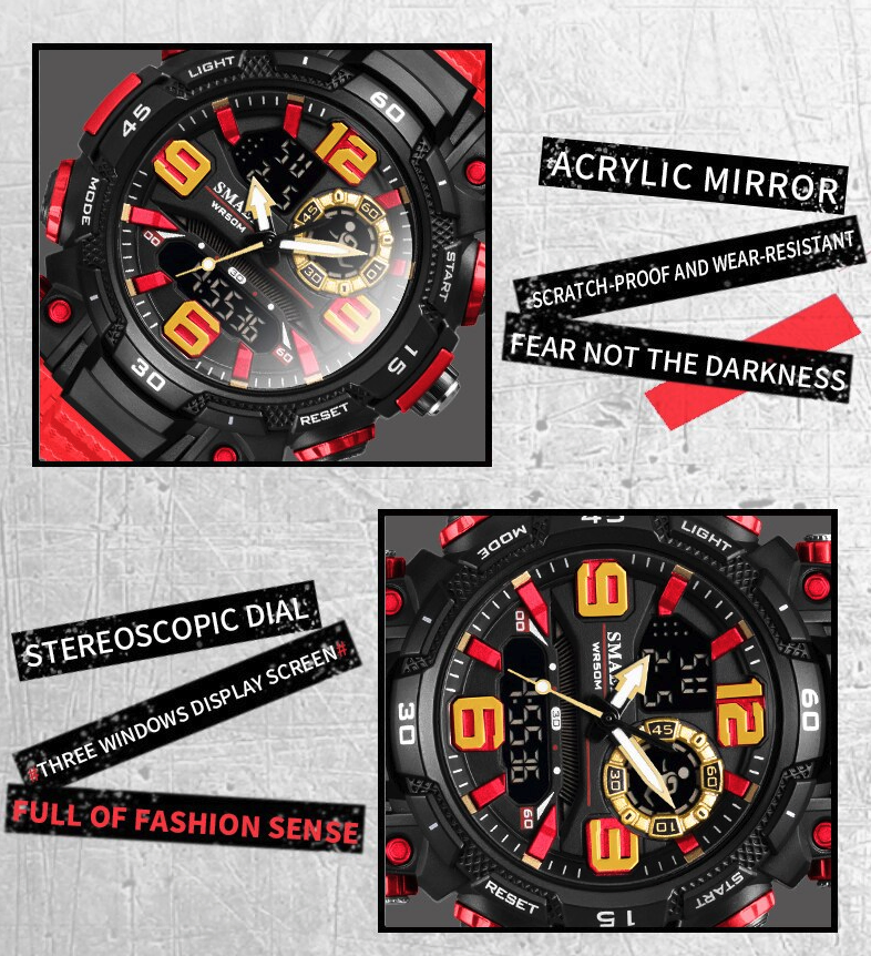 Mens 5ATM Dual Display Sports Watch with Stopwatch and Alarm