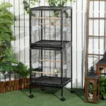PawHut Mobile 55" Dual-Use Bird Cage Aviary for Finches Budgies with Easy Move Wheels Sleek Black - Image 2