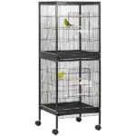 PawHut Mobile 55" Dual-Use Bird Cage Aviary for Finches Budgies with Easy Move Wheels Sleek Black - Image 11