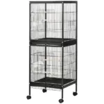 PawHut Mobile 55" Dual-Use Bird Cage Aviary for Finches Budgies with Easy Move Wheels Sleek Black