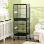 PawHut Mobile 55" Dual-Use Bird Cage Aviary for Finches Budgies with Easy Move Wheels Sleek Black - Image 10