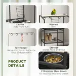 Mobile Bird Stand with Wheels Perches Stainless Steel Feed Bowls Pull-Out Tray for Small Parrot Dark Gray - Image 7