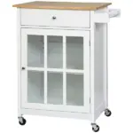 HOMCOM Mobile Kitchen Trolley, White, Elegant Glass Panel Door, Metallic Grip, Towel Holder, Versatile Use
