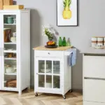 HOMCOM Mobile Kitchen Trolley, White, Elegant Glass Panel Door, Metallic Grip, Towel Holder, Versatile Use - Image 10