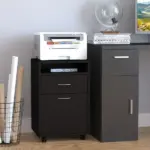Mobile Storage Cabinet Organizer with Drawer Black Printer Stand with Castors for Office - Image 2