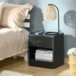 HOMCOM Modern Nightstand, Accent End Table with Drawer and Storage Shelf, Sofa Side Table for Living Room or Bedroom, Black Wood Grain - Image 10