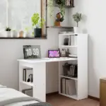 Modern Small Computer Desk with 6-Tier Storage Shelves Combo, Multipurpose Industrial Wood Desk Workstation for Home Office, White - Image 2