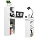 Modern Small Computer Desk with 6-Tier Storage Shelves Combo, Multipurpose Industrial Wood Desk Workstation for Home Office, White