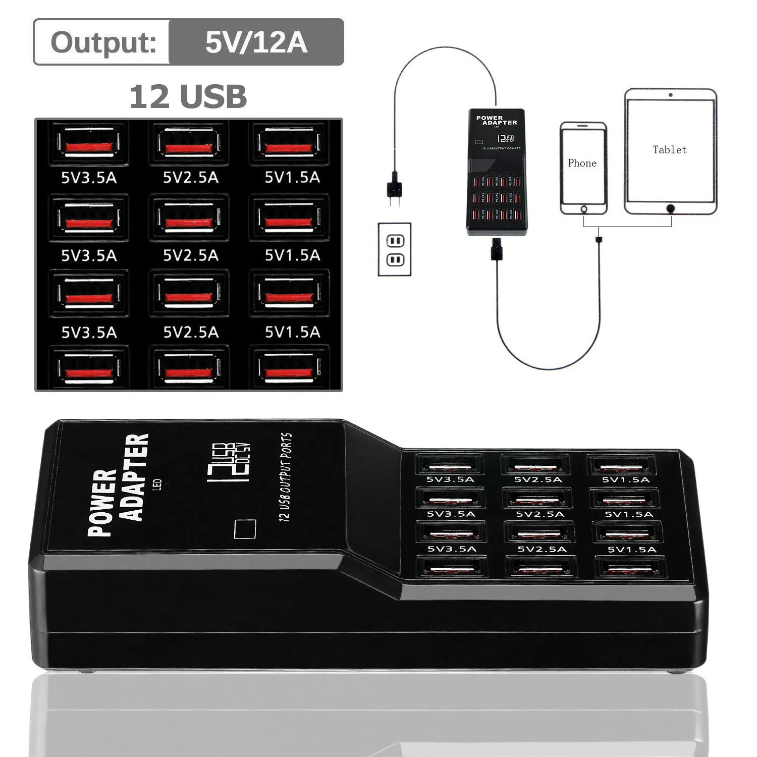 12-Port USB Desktop Charging Station Hub, Up to 3.5A per Port