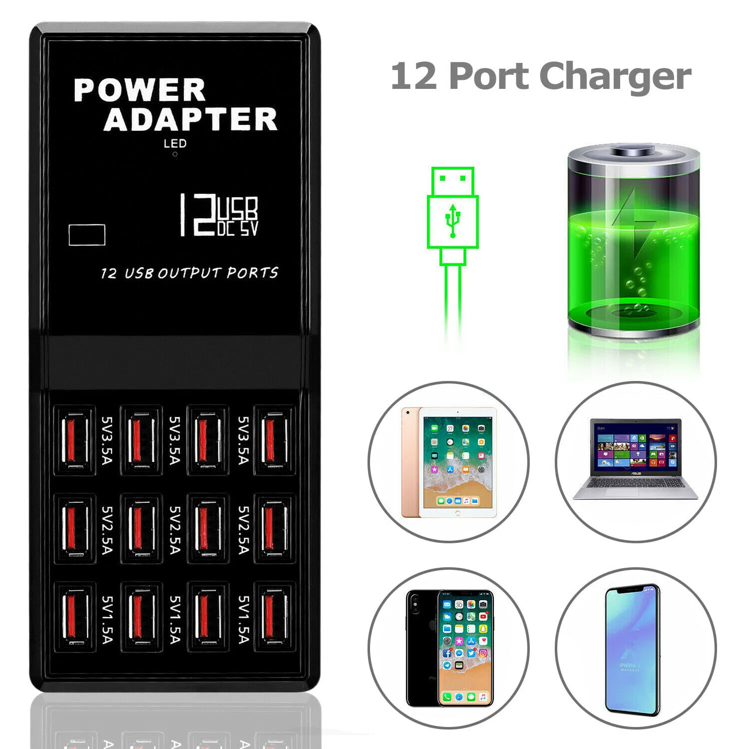 12-Port USB Desktop Charging Station Hub, Up to 3.5A per Port