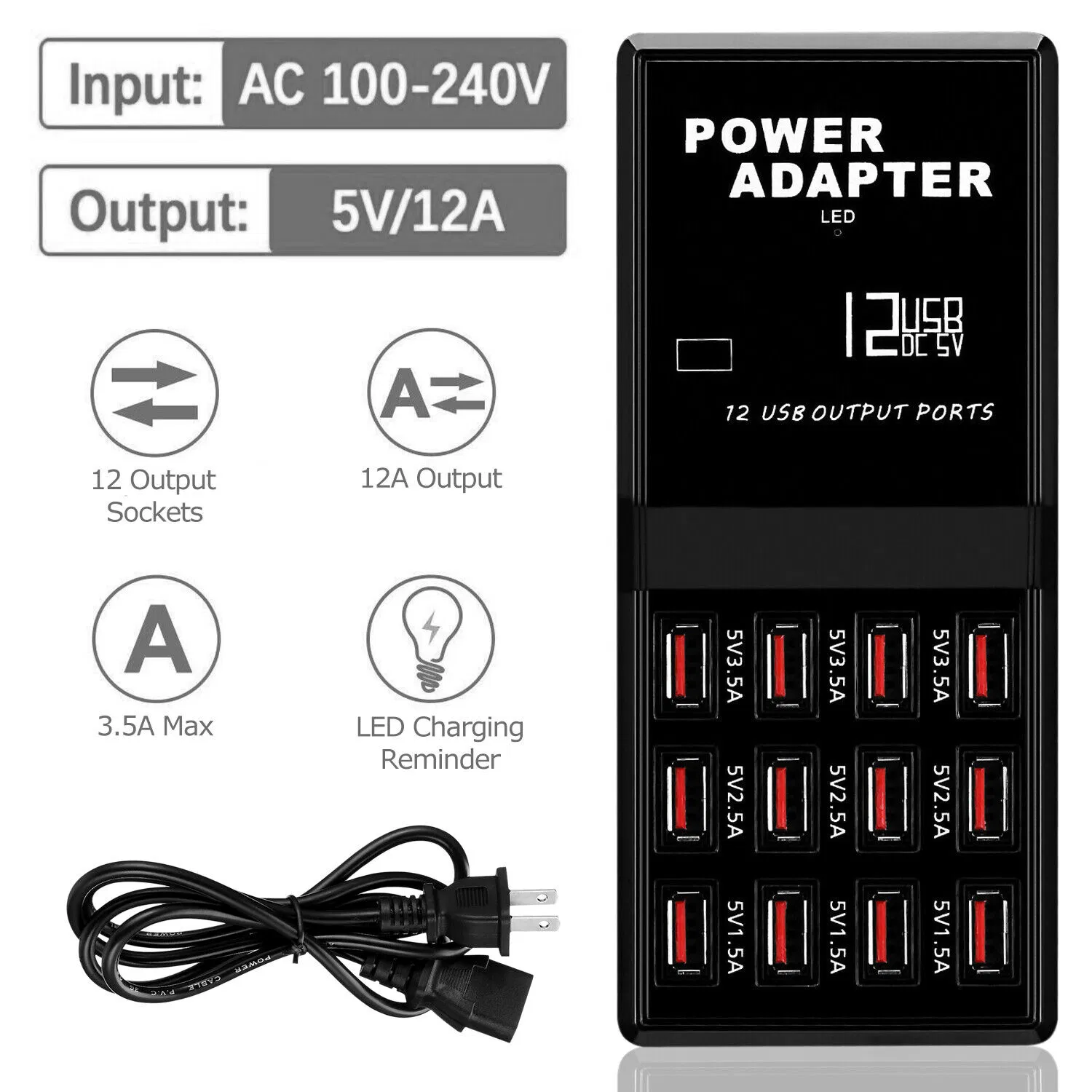 12-Port USB Desktop Charging Station Hub, Up to 3.5A per Port