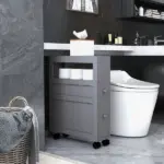 HOMCOM Narrow Bathroom Storage Cabinet Space Saving Toilet Paper Holder with Drawers Rolling Wheels,Gray - Image 2