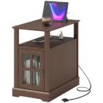 Narrow Side Table End Table with Charging Station, USB Ports, Modern End Table with Storage for Living Room, Brown