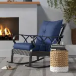 Nautical Rocking Chair, Outdoor Wicker Rattan, Blue Cushions, Porch Relaxation - Image 9