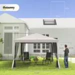 Outsunny Outdoor 10 x 10 Canopy Pop-Up Tent with Sidewalls Instant Setup 4 Mesh Walls for Party Events Beige - Image 3