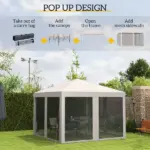 Outsunny Outdoor 10 x 10 Canopy Pop-Up Tent with Sidewalls Instant Setup 4 Mesh Walls for Party Events Beige - Image 4