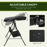 Outsunny Outdoor 3-Seat Patio Swing Chair with Cushion and Adjustable Canopy, Black for Garden - Image 4